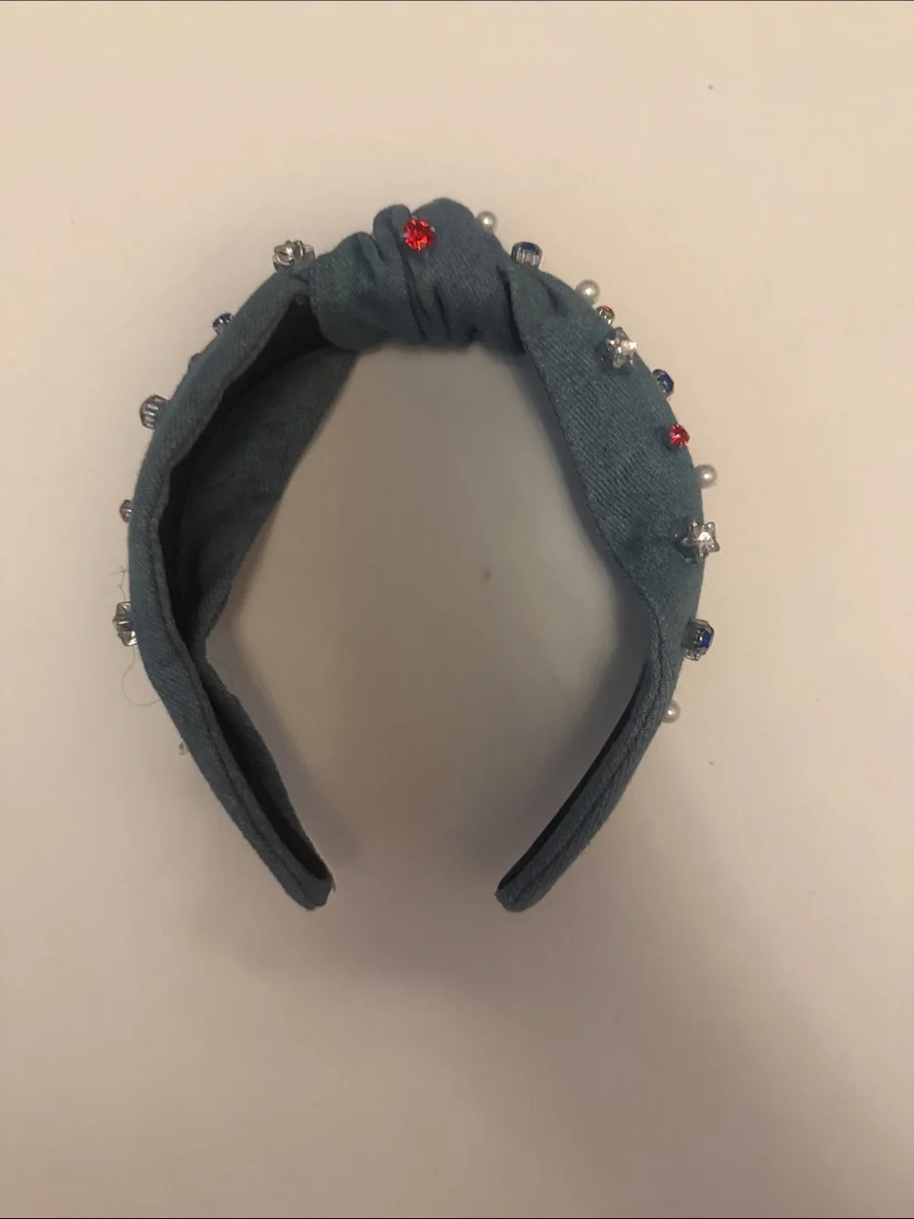 Packed Party Teal Knotted Headband with Red, Blue, Pearl & Silver Accents